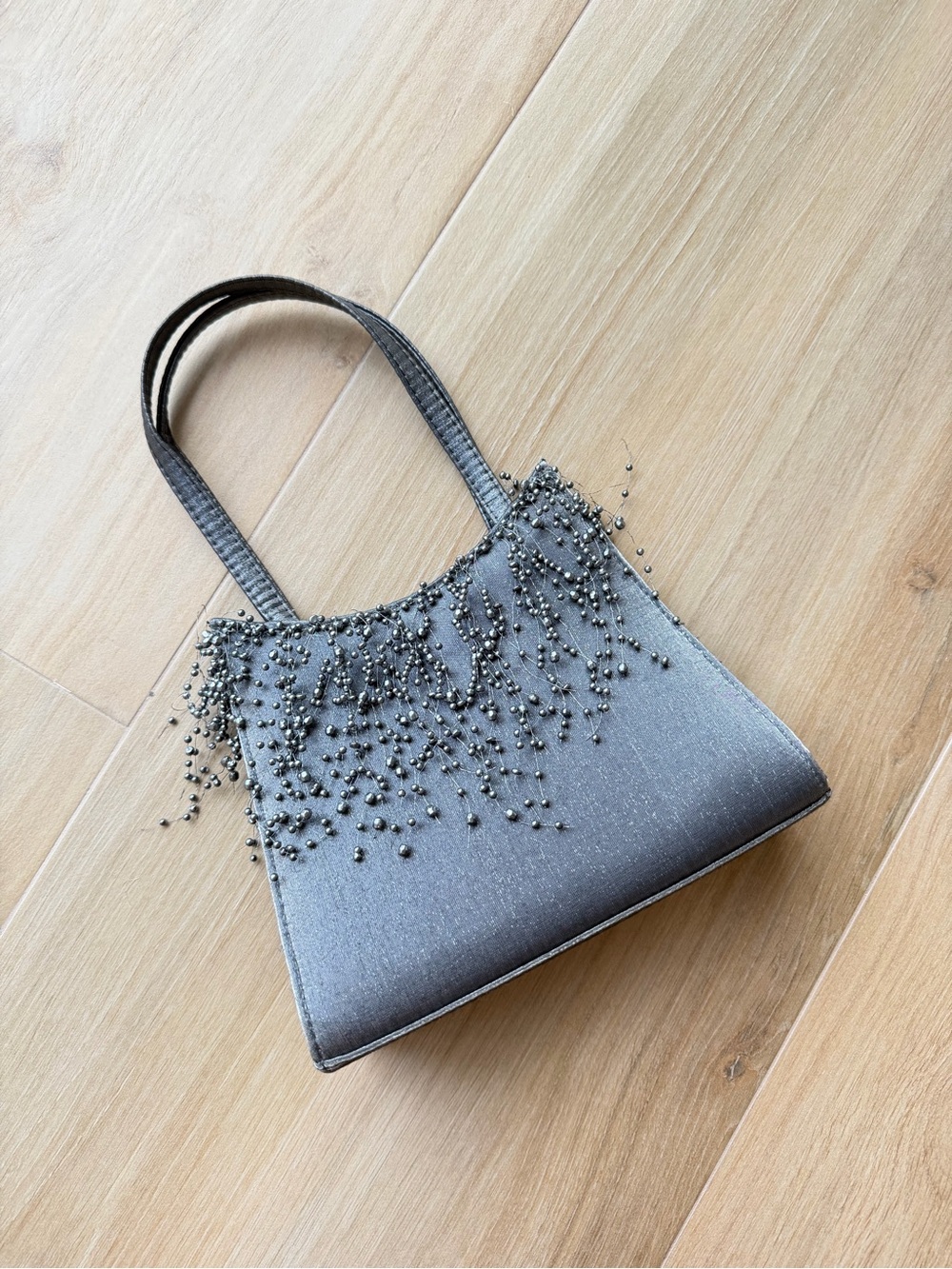 Vintage Gray Beaded Evening Tote - Elegant Women's Shoulder Bag